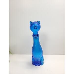 Vintage Empoli Blue Art Glass Cat Decanter Figure Bottle, Italy 9-1/4"